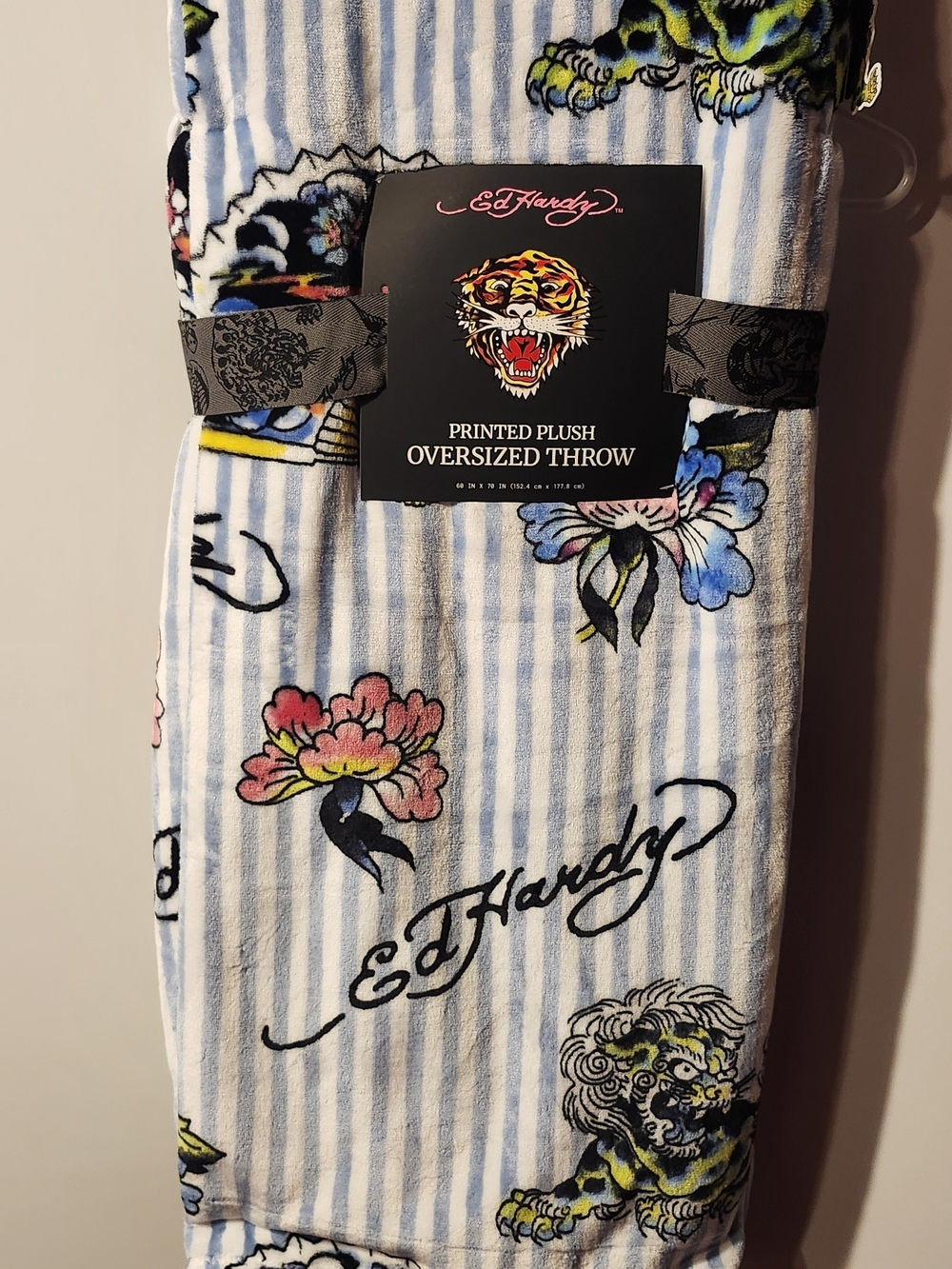 Ed Hardy Blue and White Striped Floral Tiger Plush Throw